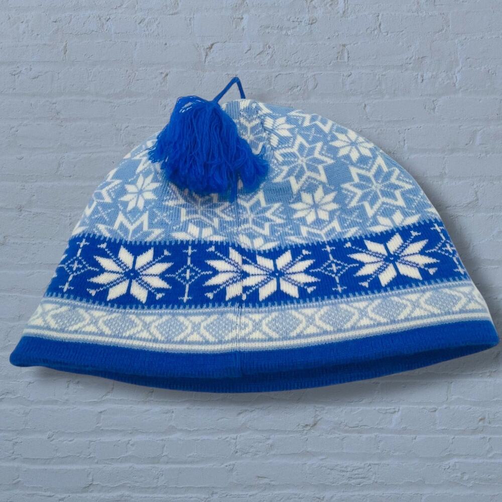 LL Bean Womens 100% Wool Lined Beanie Hat Nordic Fair Isle Tassel Pom Blue White